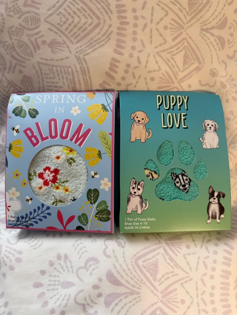 Spring in Bloom & Puppy Love Fuzzy Socks Duo - Floral & Teal